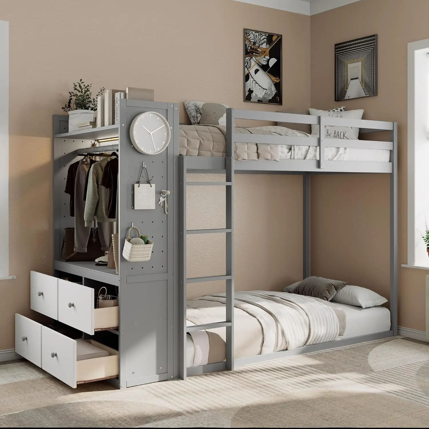 Twin Bunk Bed with 4 Drawers Hanging Rail Light Strip Shelves & Pegboards Gray Customized