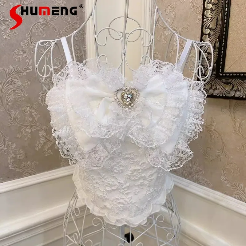 

Japanese Lolita Slings Bow Love Flash Diamond Fungus Lace Slim Fit Skinny Vest Top Short Suspender Camisoles Women's Clothing