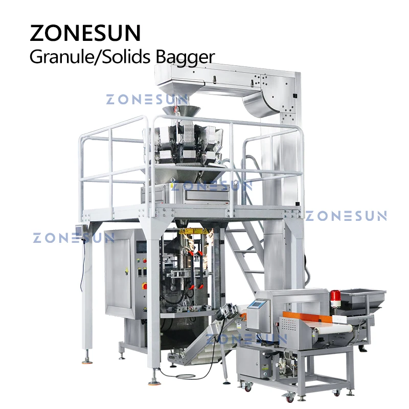 ZONESUN Granule Feeding Weighing Filling Bag Sealing Production Line Beans Nuts Seeds Metal Detector Food Packaging ZS-GW10