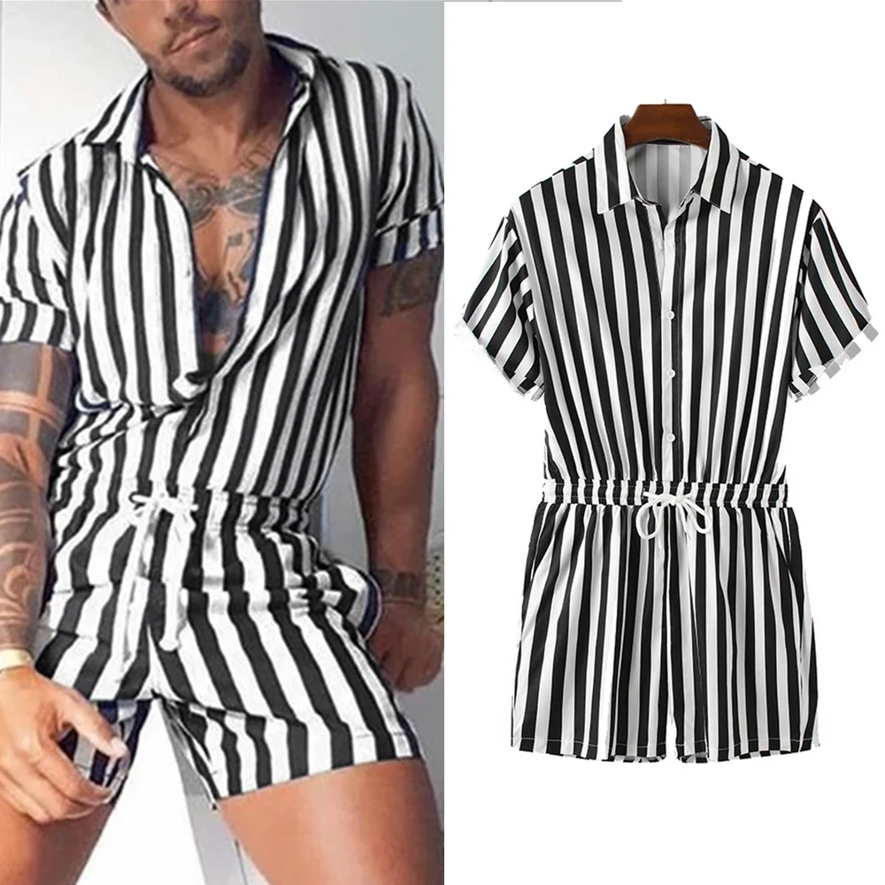 Men's Striped Rompers Streetwear Fashion Casual Playsuits Short Sleeve Button Lapel Jumpsuits Drawstring Boxers Shorts Bodysuits