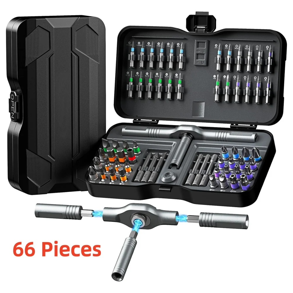 66 in 1 Ratchet Screwdriver Set with Detachable Handle, 6.2° Ratchet Head, Multi S2 Steel Bit Free Combination, Portable Repair