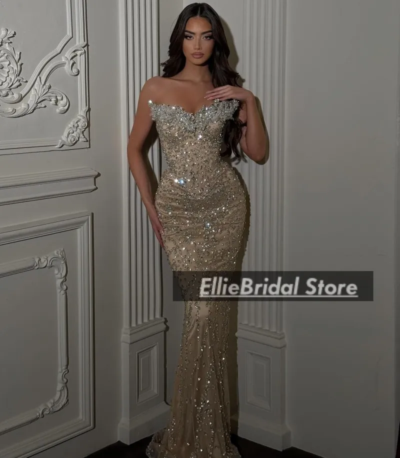 

Shinny Champagne Evening Dresses 2025 Crystal Mermaid Wedding Party Gowns Tailoring Prom Dress For Occasions Customized