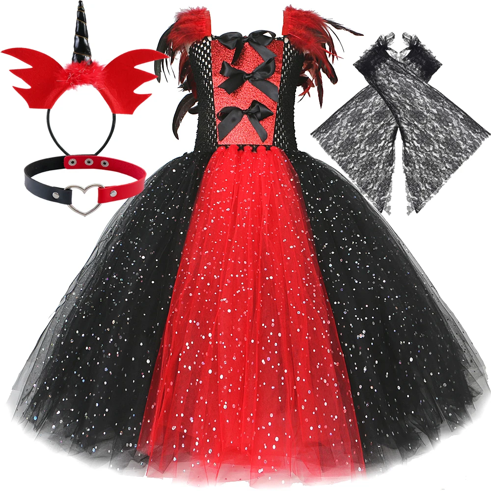 Sparkly Demon Vampire Queen Costume for Girls Spider Witch Halloween Long Tutu Dress Kids Carnival Outfit Gothic Feather Clothes