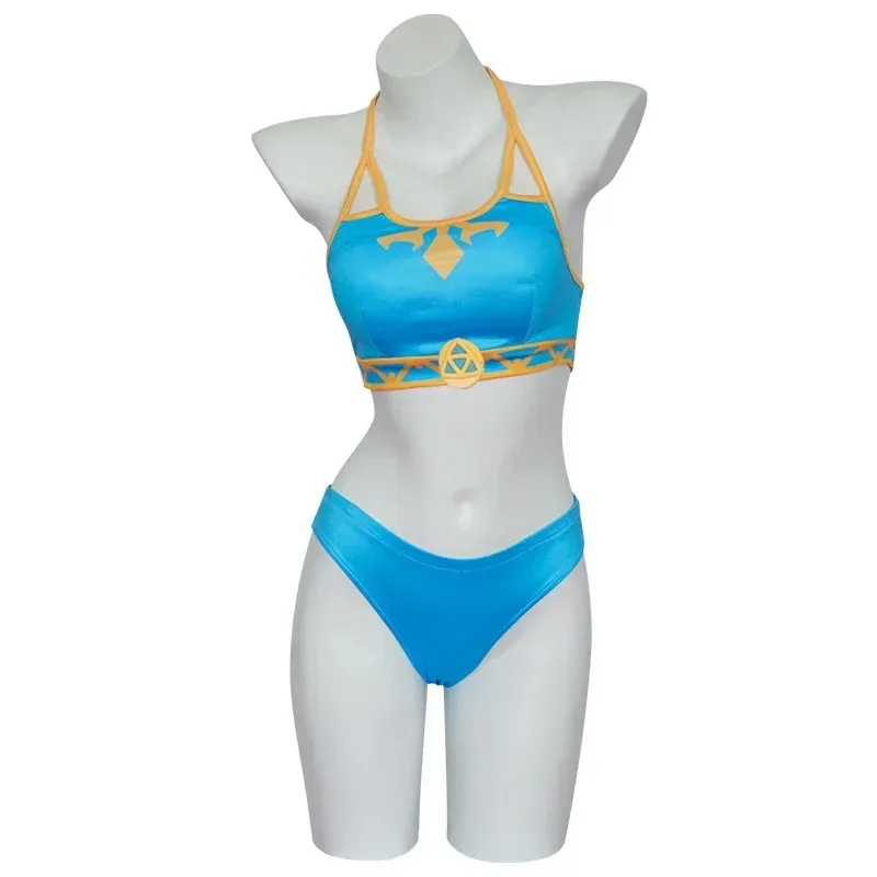 COSPLAY Principessa Zelda Costume da bagno Costumi da bagno estivi Zelda Costume da bagno sexy Cosplay Zelda Orecchie Parrucca diritta dorata Morbido bikini blu