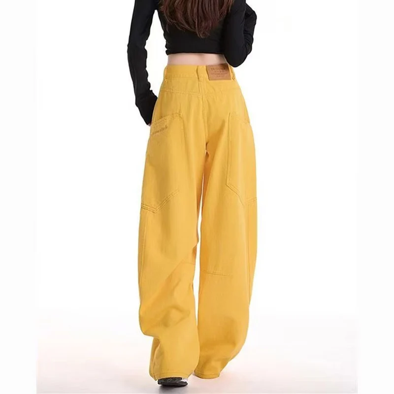 High Street Retro Yellow Jeans Women's Spring and Summer New Patchwork Design Sense High Waist Loose Work Clothes