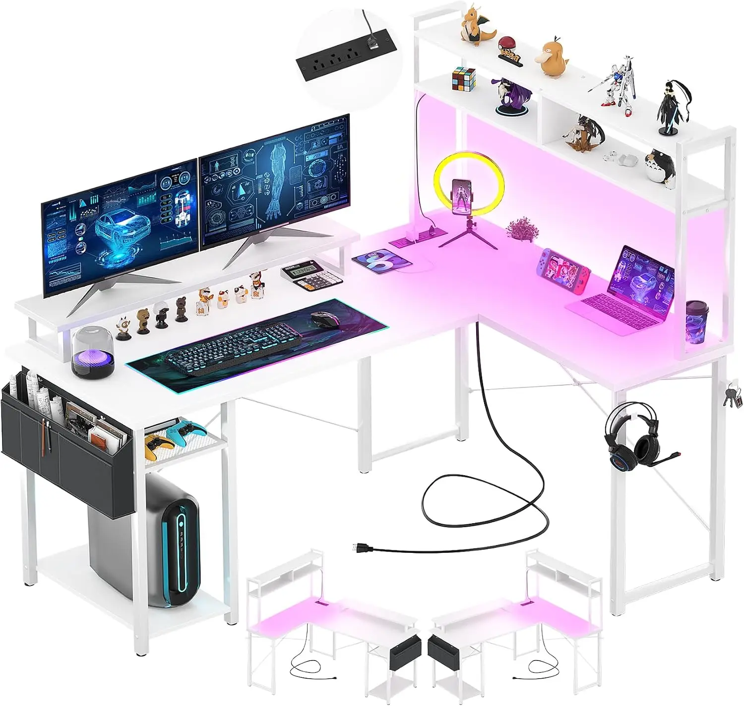 Small L Shaped Desk Gaming Desk with LED Lights & Power Outlets | Reversible L-Shaped Computer Desk with Monitor Stand & Shelf,