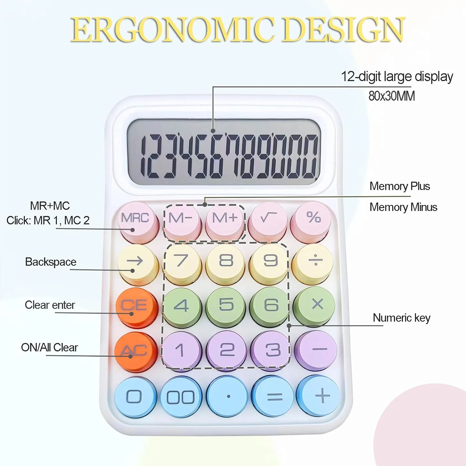 Cute Colored Electronic Calculator, Calculator Desktop, 12 Digits Display and Large Round Buttons, Cute Calculator for Office, S