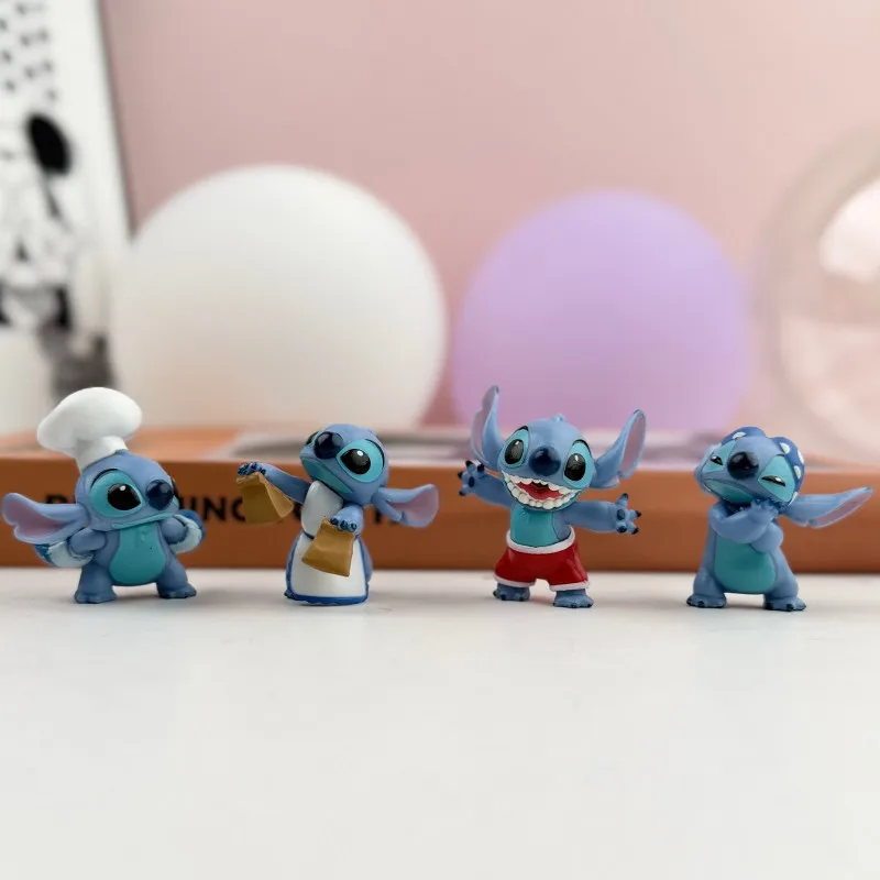 

Disney Stitch 4pcs Action Figures Set PVC Collectible Toys Shopping Bag Chef Cute Styles Desk Decor Collectibles