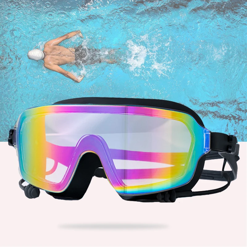 

Мужские и женские очки для плавания с гальваническими зеркальными линзами HD, большая оправа, противотуманные очки для плавания с защитой от ультрафиолета и затычкой для ушей