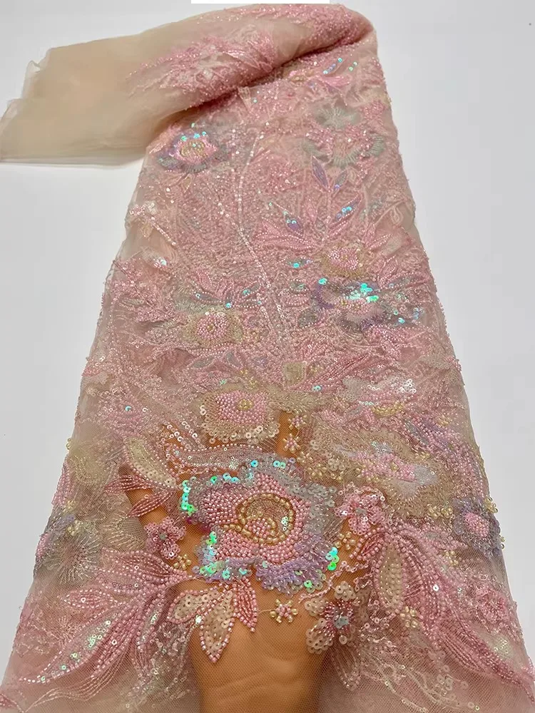 2yard New mesh tissus Pipe embroidery nail bead leaf flower embroidery fabrics for clothing Evening gown dress fabric