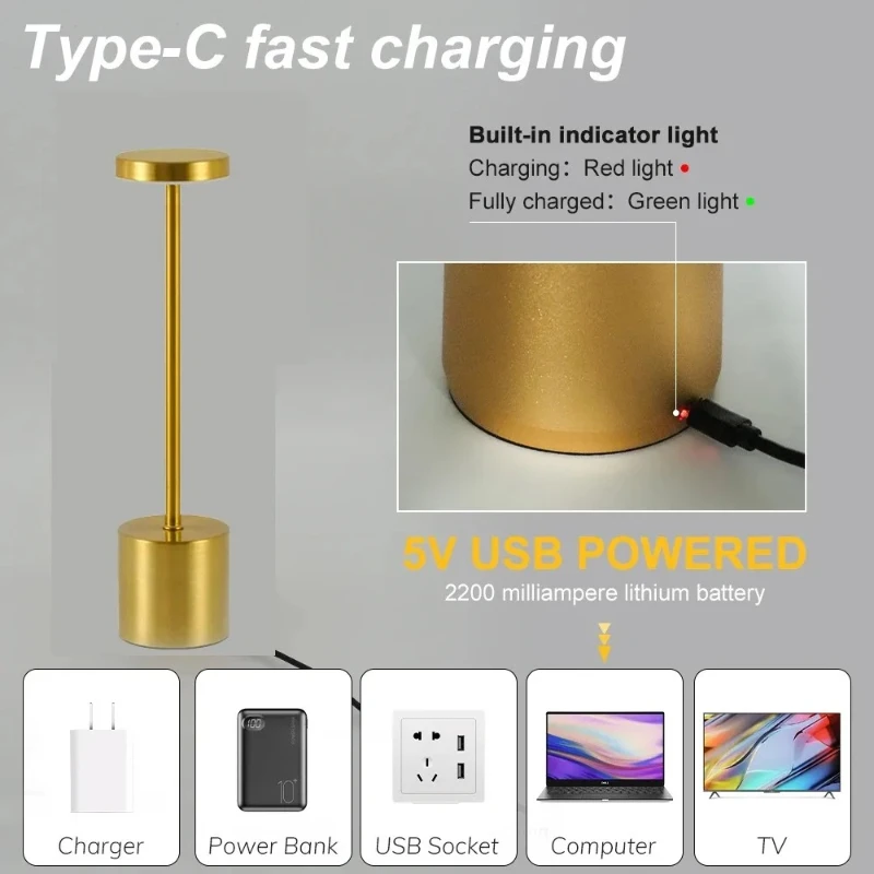 USB Metal Rechargeable Desk Writing Lamp Room LED Bedside Decorative Table Lamp Restaurant Bar Desktop Mood Lighting Night Light