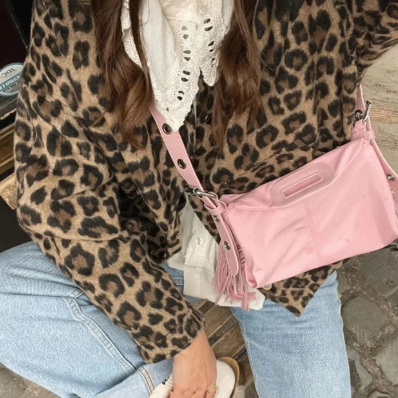 Vintage Leopard Print Jackets Women Single Breasted Big Pockets Lapel Long Sleeve Loose Female Down Coat Spring Lady Streetwear