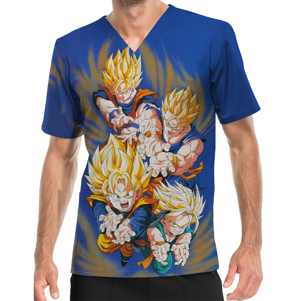 Men's V-Neck Print Scrub Top Medical Nursing Clothes Dragon Ball Son Goku Printed Short Sleeve Summer Work Uniform