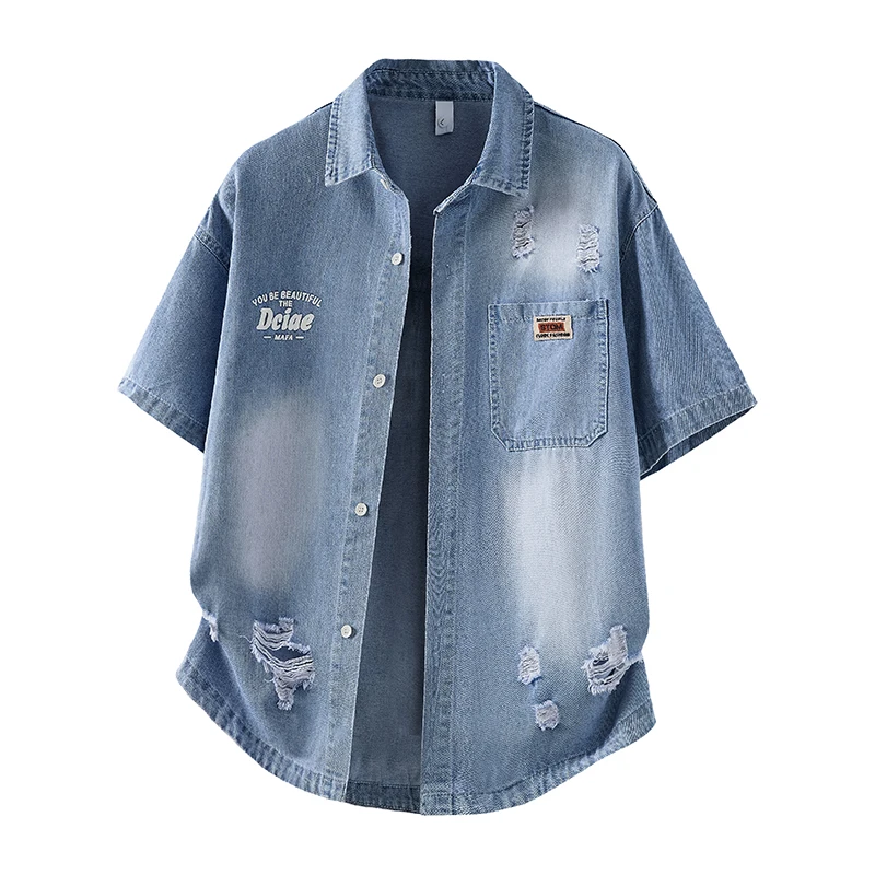 NewMen's Denim Shirt Summer Fashion Breathable Cotton Blend Short Sleeve Shirt Street Trendy Daily Outing Comfortable Jean Shirt