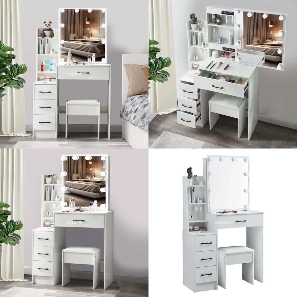 

Makeup VanitiesLED Vanity Dressing Table with Lighted Mirror and Storage Drawers for Makeup