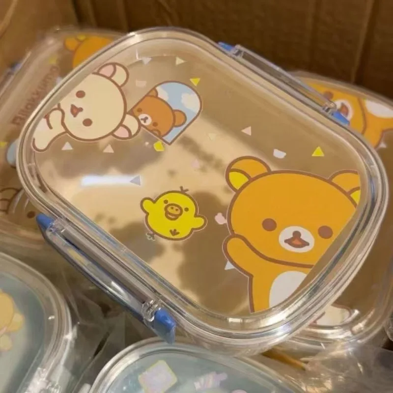 Image of Rilakkuma Lebensmittel-Aufbewahrungsbox aus Kunststoff mit Dichtungsdeckel, auslaufsichere Lunchbox mit Cartoon-Aufdruck, tragbare Kühlschrank-Aufbewahrungsbox, Kawaii-Geschenk