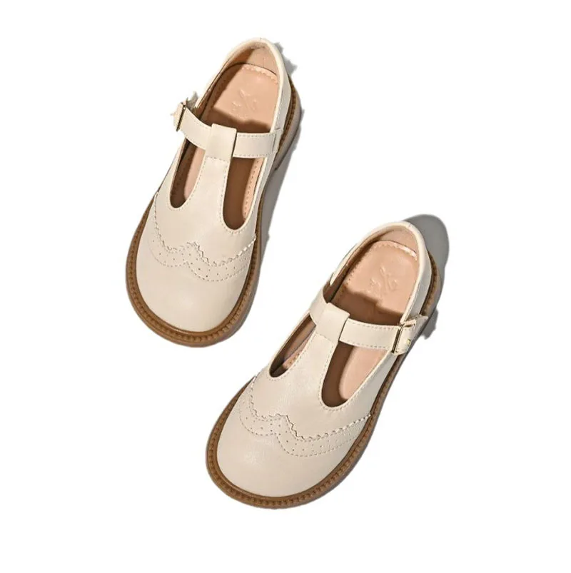 Children's School Leather Shoes Student Tee With Casual Beige Flats Girl Princess Shoes Preppy Student Children's Leather Shoes