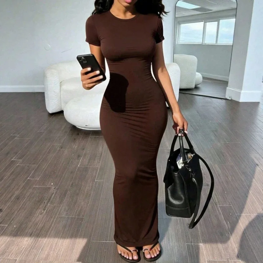 Sexy Figurbetontes Damen-Partykleid Mode O-Ausschnitt Kurzarm Einfarbiges Wickelkleid Langes Hüftbetontes Kleid Weibliches Sexy Kleid