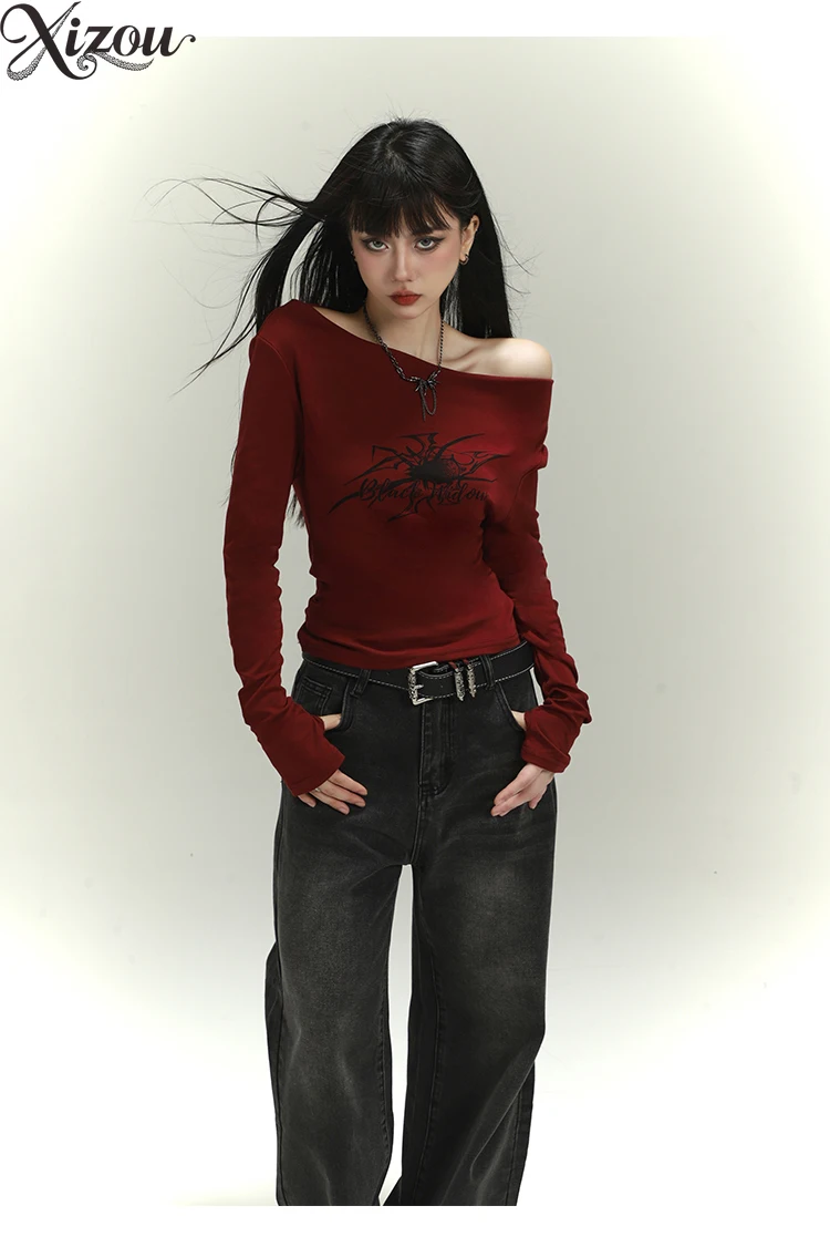 Women's Gothic Spider Print Wine Red Off-Shoulder Long Sleeve Top Y2K Grunge Slim Fit Hot Girl Streetwear Tee 2025 Party Dating