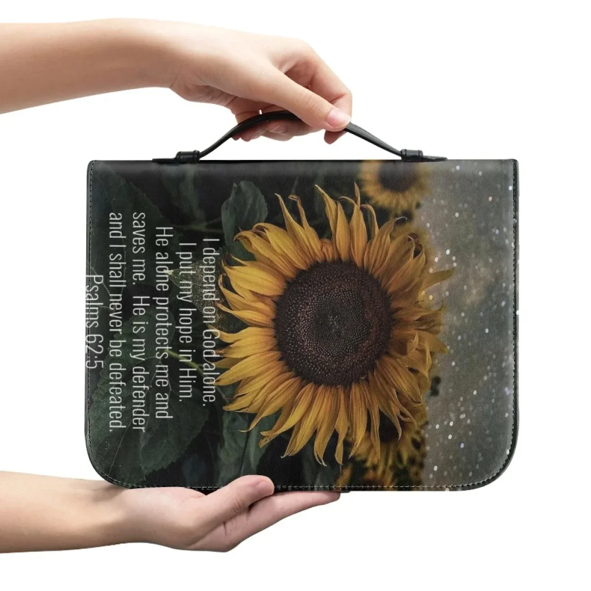 New Sunflower Design Bible Praise Print Bible Storage Bags Practical Zippered Handle Handbags Women's Leather Bible Cover Case