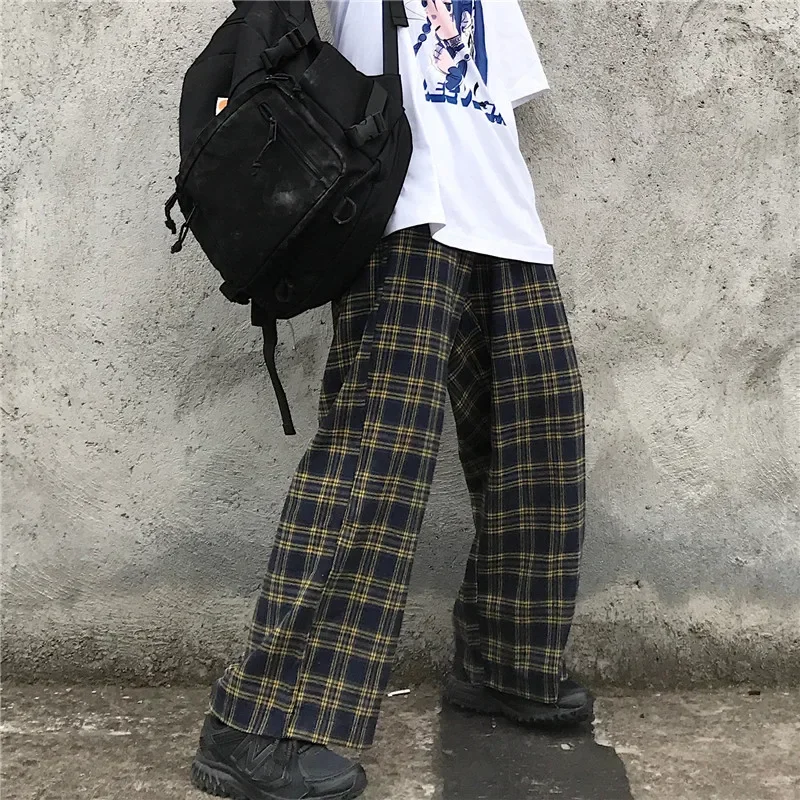 2022 New Arrival Womens Long Trousers Black and White Loose Leisure Style Elastic Band Plaid Pants