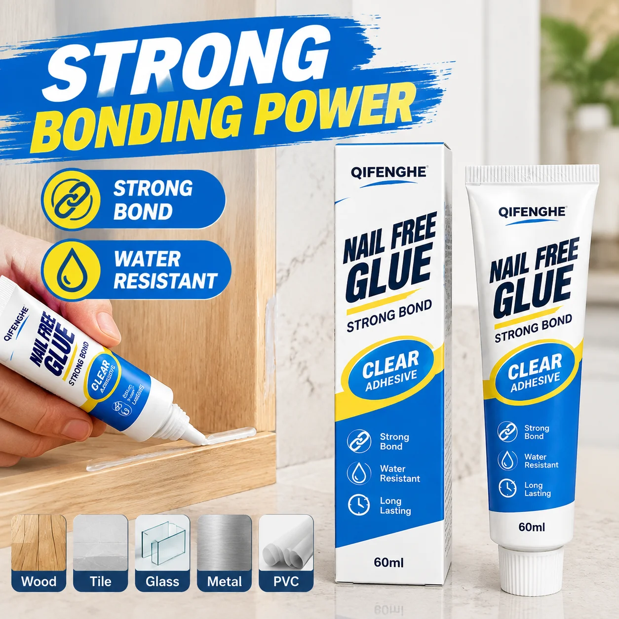Strong nail-free adhesive, box-packed, no drilling required, transparent glass glue with superadhesion, scratch-resistant auxili
