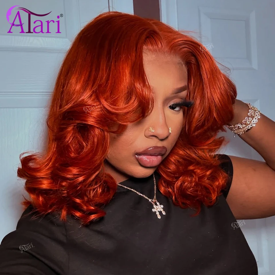 180 Density Reddish Orange Bob Wave Human Hair Wigs Transparent Short Bob 13x4 Full Lace Frontal Brazilian Bob Wig Pre Plucked