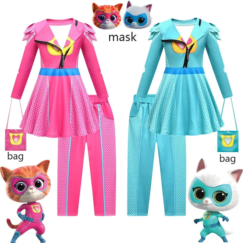 

2025 New Cosplay NEW SuperKitties Cosplay Costume Children Girls Super Kitties Anime Clothes Dress+mask Set Kids Carnival Hallow