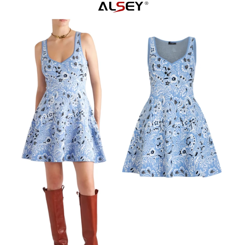 

ALSEY Fashion Classic Party Women's Dresses Floral Pattern Printed Sleeveless Square Neck Short Dresses 2024 Early Spring New