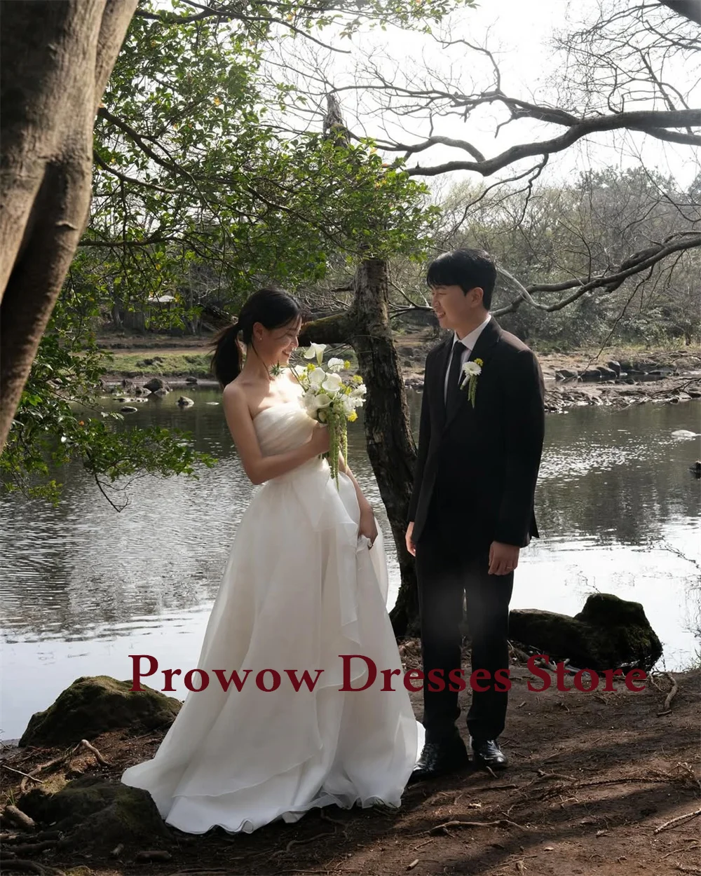 Prowow فستان زفاف بسيط عاجي بدون حمالات كوريا صورة تبادل لاطلاق النار مطوي الأورجانزا ألف خط فستان زفاف طول الأرض مشد مخصص