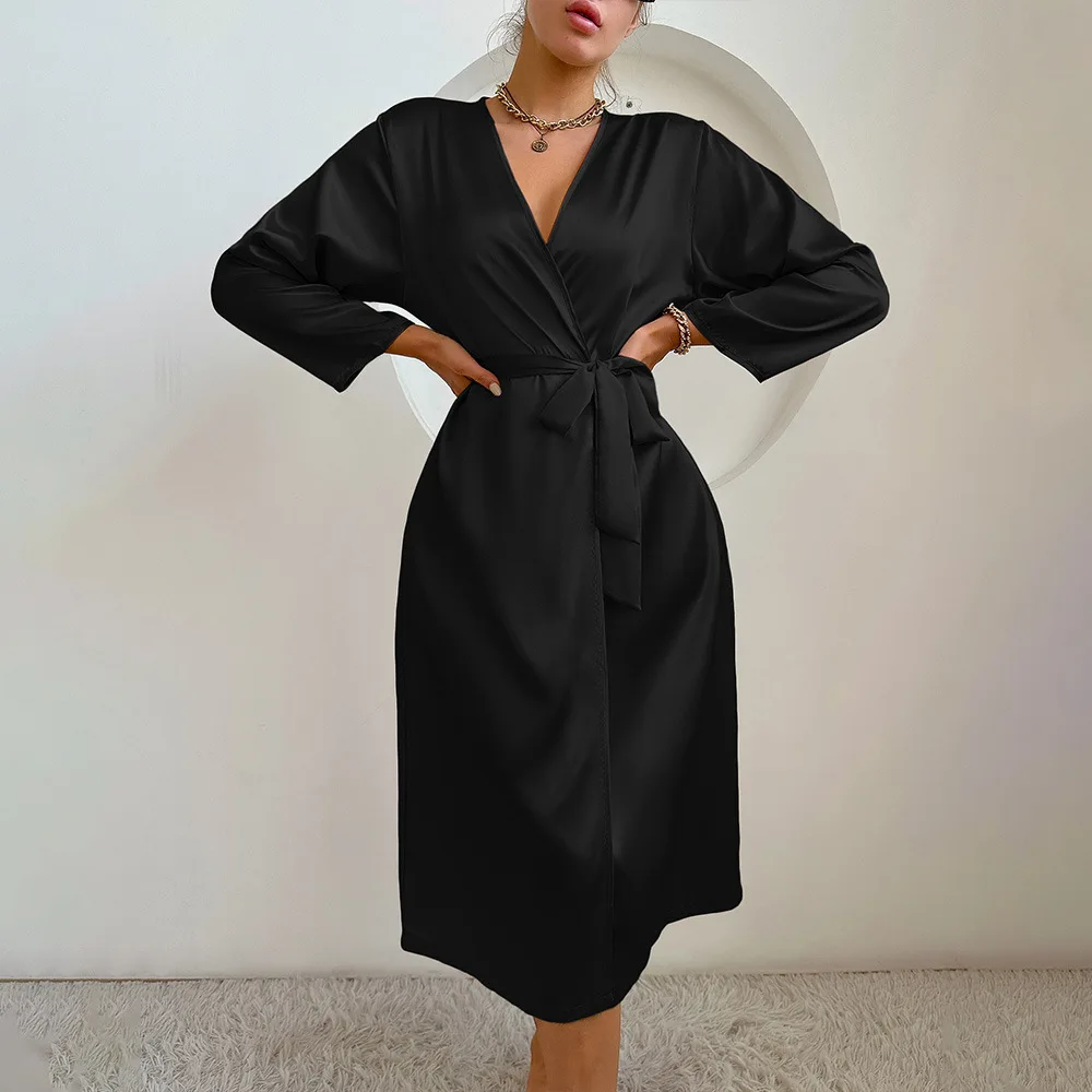 Summer Sexy Ice Silk Nightgown Women's Pajamas Long Sleeved Robe Fashion Casual Home Fury Long Lace Bathrobe Morning Robe