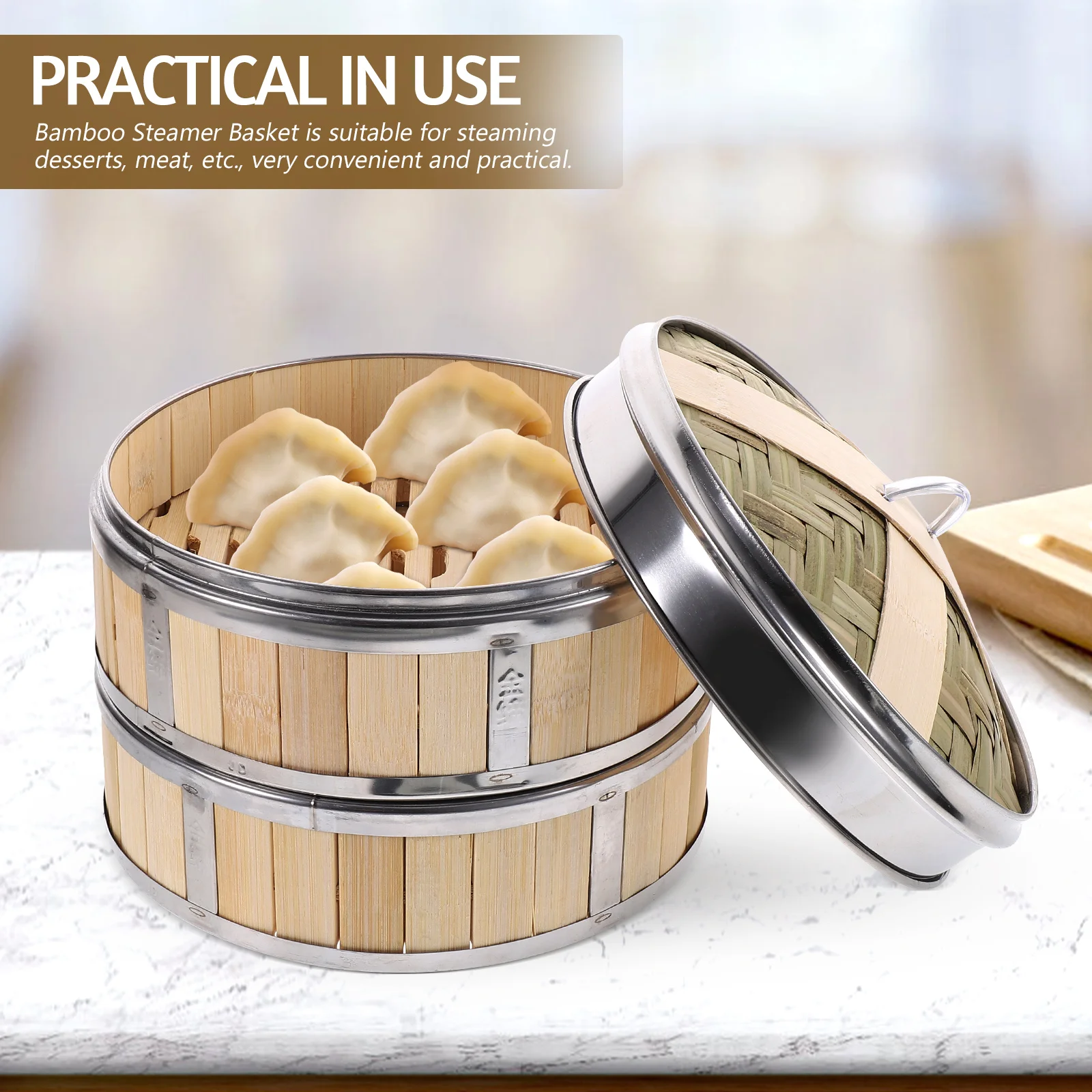 

Bamboo Steamer Basket 26cm 2 Lid Random Color for Dumplings Buns Vegetables Heat Resistant Multi Function Kitchen Accessories