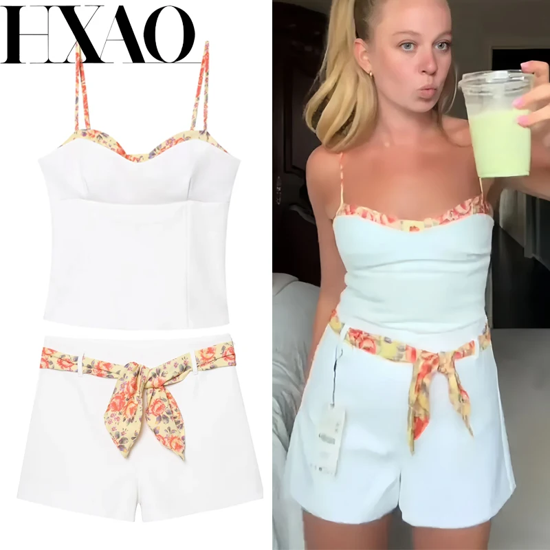 

HXAO Print Belt Short Sets For Women 2 Pieces Sleeveless Tanks & Camis White Mini Shorts Two Piece Set Y2K Summer Casual Sets