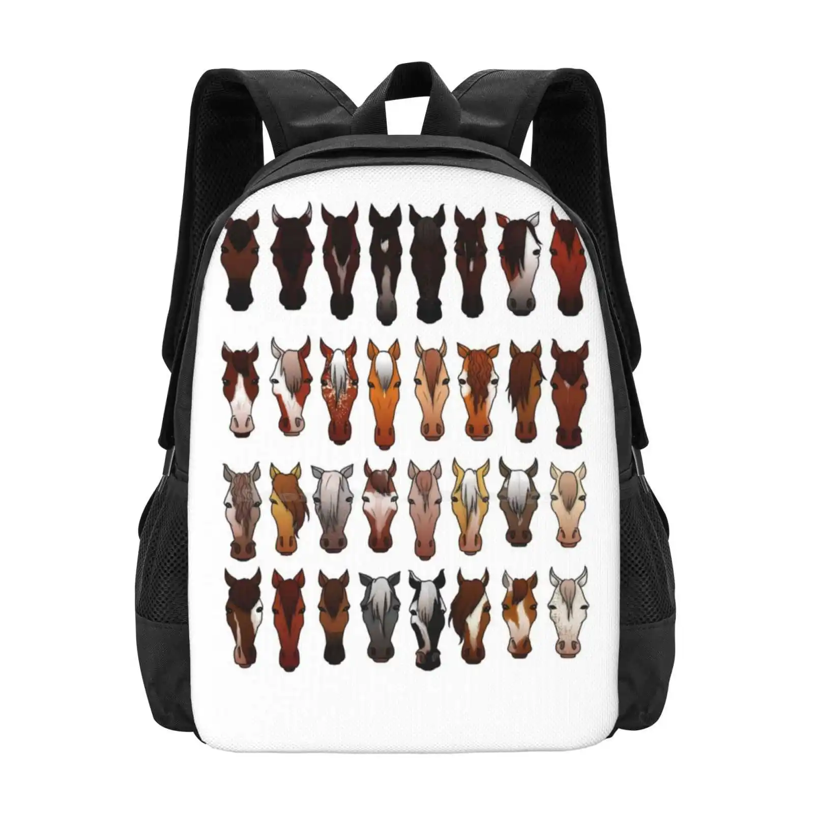 Horses School Bag Big Capacity Backpack Laptop Face Pattern Spots Hair Multiple Horses Cute Equestrian Pretty Animal Grey Black