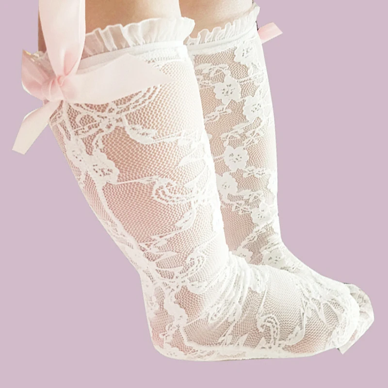 Calcetines de encaje para bebé, medias de tubo para niña, medias hasta la rodilla de malla de encaje de princesa, calcetín largo blanco transpirable Vintage