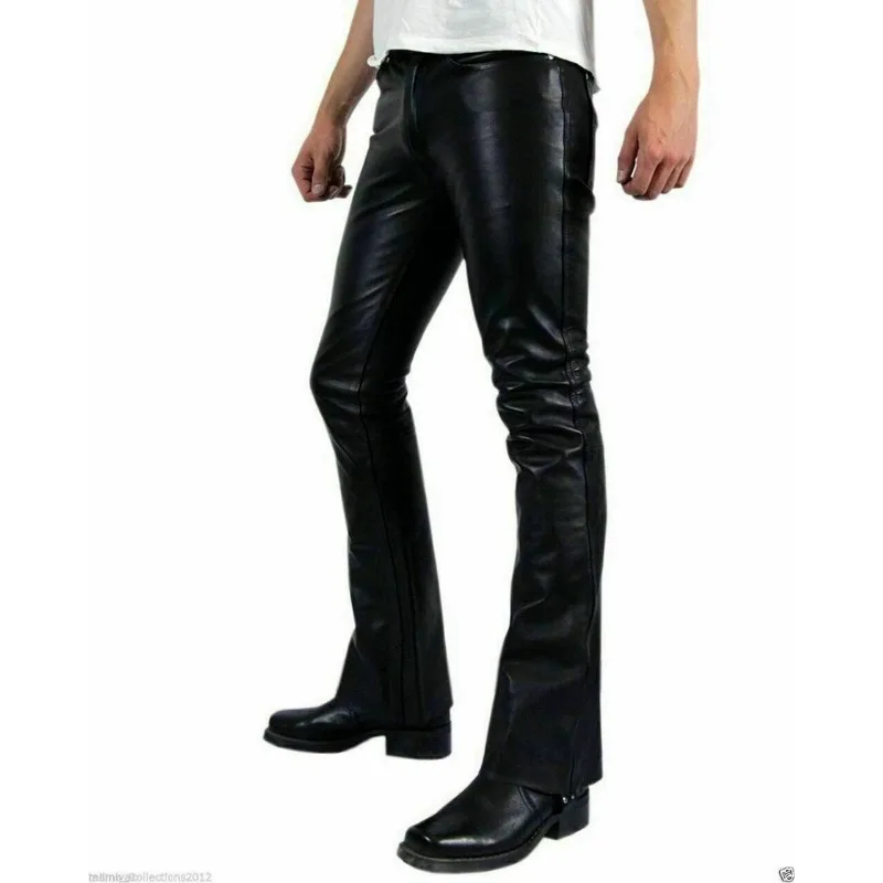 Men Authentic Lambskin Real Leather Pant Bell Bottom Fashion Trousers