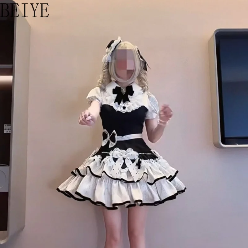 Black and White Polka Dots Dress for Women Japanese Cute Gentle Lolita Sweet Dresses Female Trailing Bow Lolita Princess Dress