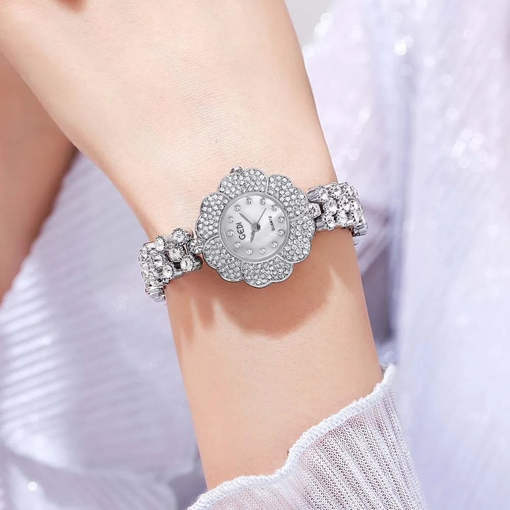 GEDI New Women's Watch Luxury  Flower Quartz Wristwatch Fashion Crystal-Embellished Bracelet Watch часы женские наручные reloj
