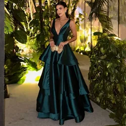 Customized Prom Dress Deep V Neck A Line Sleeveless Tiered Satin Formal Party Gowns for Women Floor Length Elegant Evening Dress