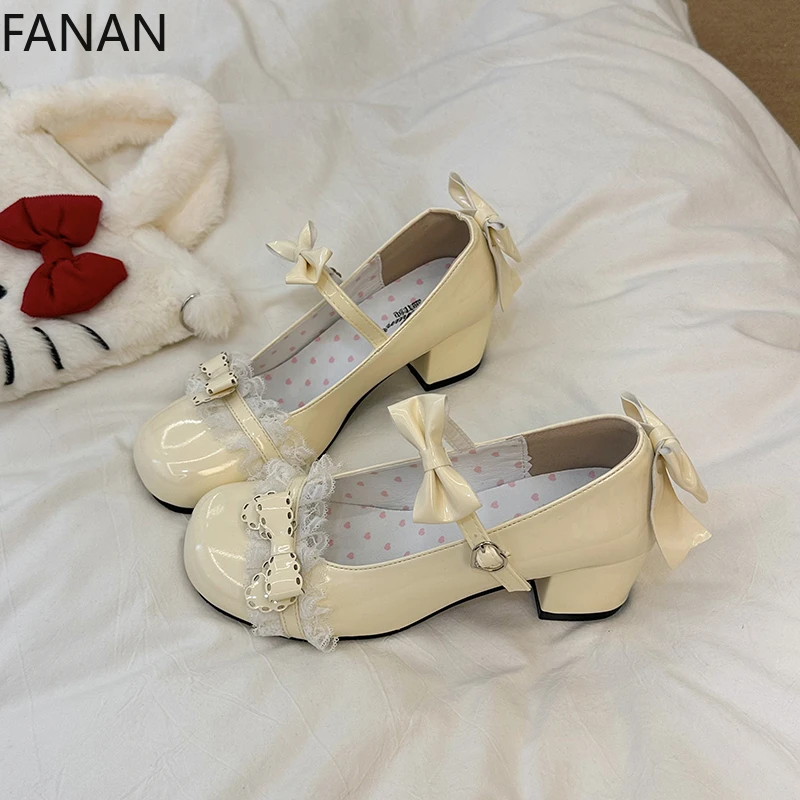 2025 New Large Size Lolita Women's Shoes Sweet Lace Bow Mary Jane Low Heels Fashion Platform Flats Pink Sandals