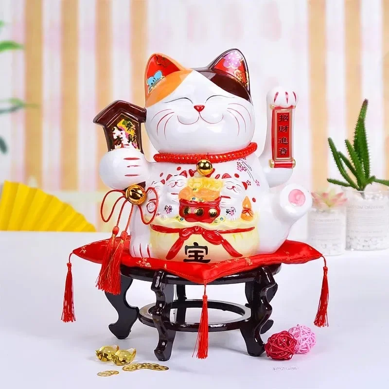 

10 Inch Handicraft Waving Hand Lucky Cat Fortune Cat Gift Maneki Neko Welcoming Feng Shui Crafts Money Box Home Store Decoration