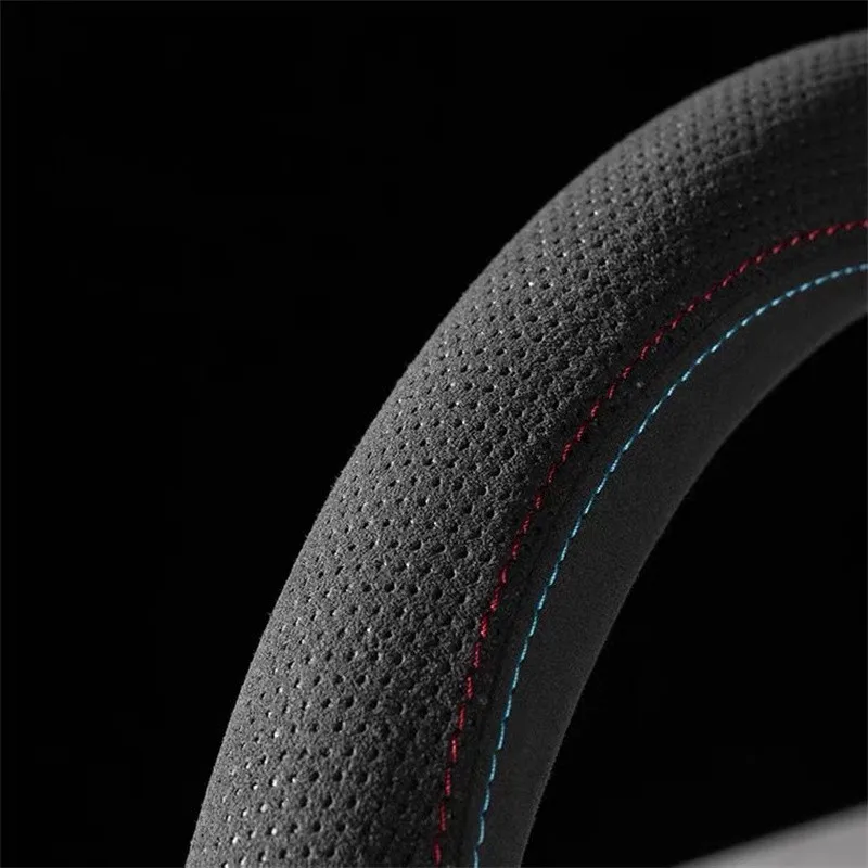 スエードカーステアリングホイールカバー,ユニバーサル,通気性,牛革,ラップ,37-38cm,カーアクセサリー