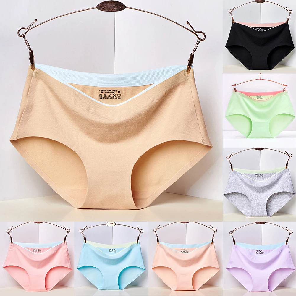 Women Ladies Brief Panty Cotton Seamless Color Matching Middle Rise Sexy Breathable Solid Color Comfortable