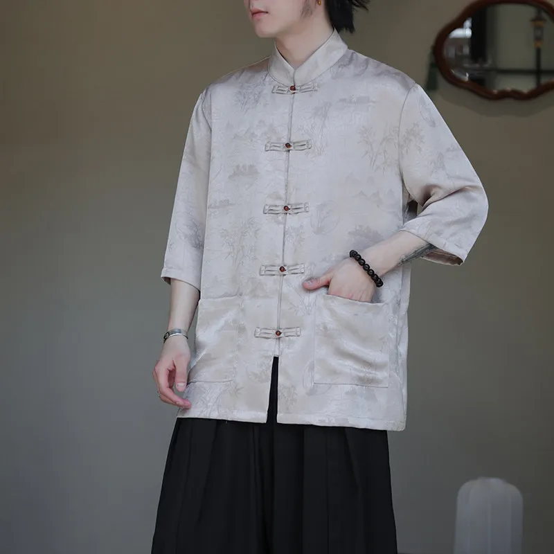 

2026 Men's Chinese Style Flower Printed Tang Suit Hanfu Shirt Mid Sleeve Lightweight Breathable Summer Casual Streetwear Tops