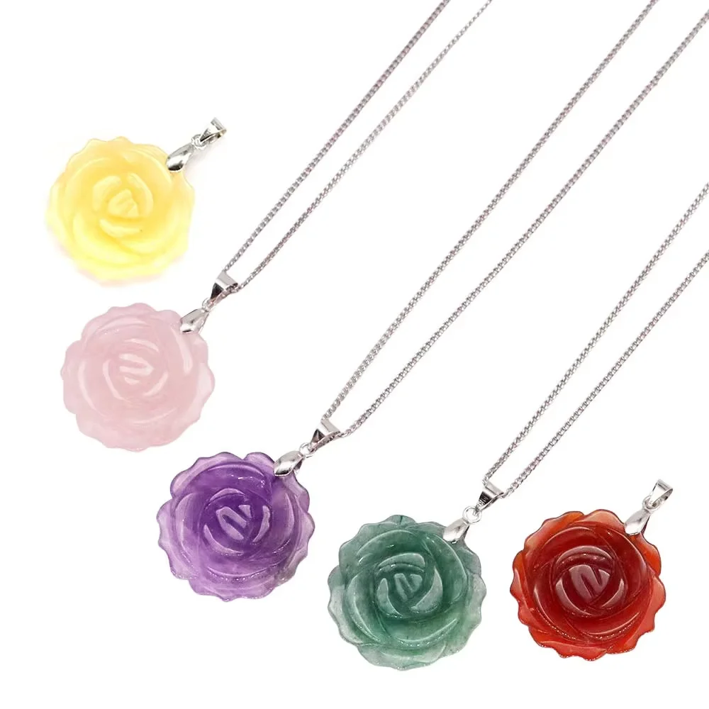 25mm Hand Carved Rose Flower Stone Pendant Natural Amethyst Quartz Healing Crystal Necklace Charm Jewelry Women Valentine Gift