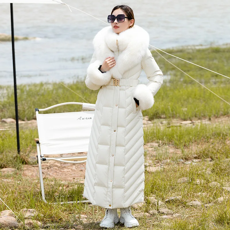 Abrigo largo de plumón para mujer, chaqueta de plumón de pato blanco 95%, con cuello de piel de zorro grande, impermeable, ajustada, gruesa, mantiene el calor