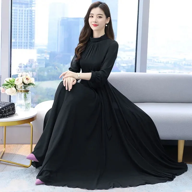 2025 Women\'s Dresses New Spring Summer Autumn Winter New Fashion Pure Color Lace Up Long Sleeve Elastic Waist Long Party Pleated