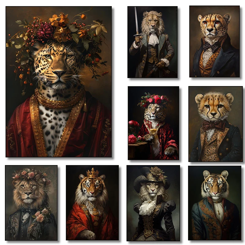 Trendiges Königliches Leoparden-Löwen-Motiv mit Blumenkrone Kunstposter Leinwanddruck Vintage Gotische Wanddekoration für Wohnzimmer Heim-Dekor