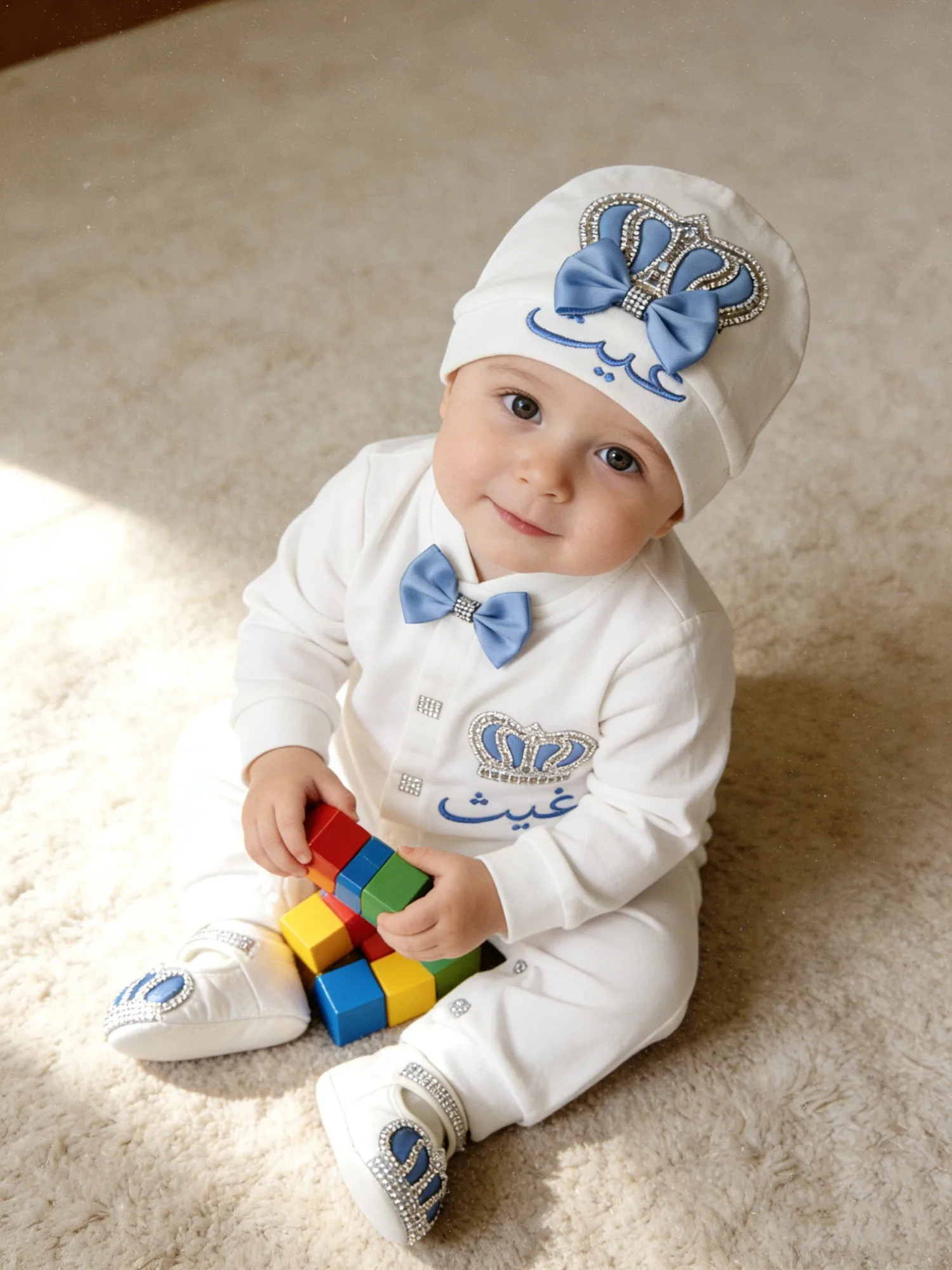 Luxury Baby Boy White Blue Crown Set - Name Embroidery - Perfect for Baptism & Baby Shower