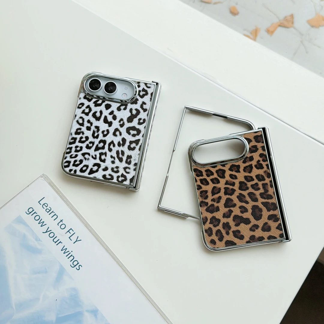 Luxury Electroplated Leopard Print Leather Phone Case For iPhone Duo iPhone 18 Fold Case Protective Cover Shockproof Shell Funda